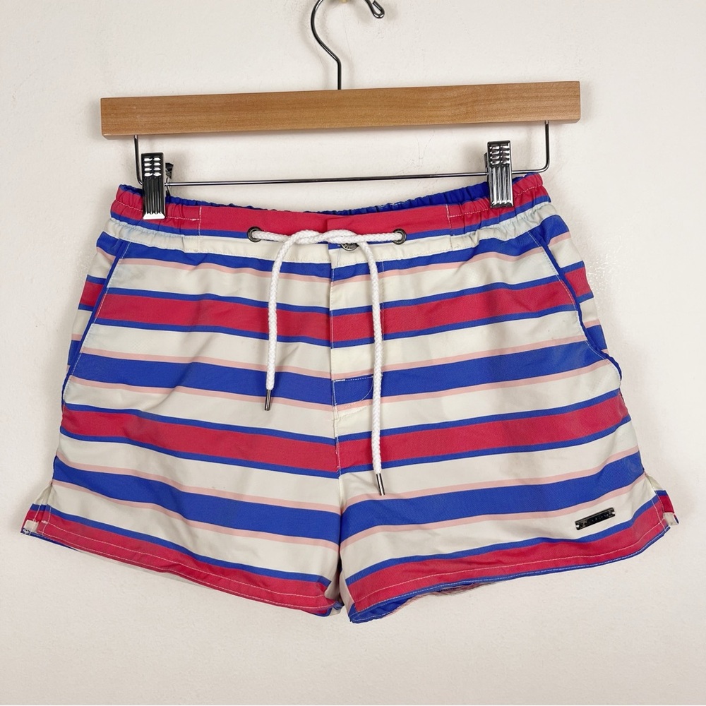 Parke &‎ Ronen 3" Stripe Print Swim Short Trunks Grey White Red Draws Size Small